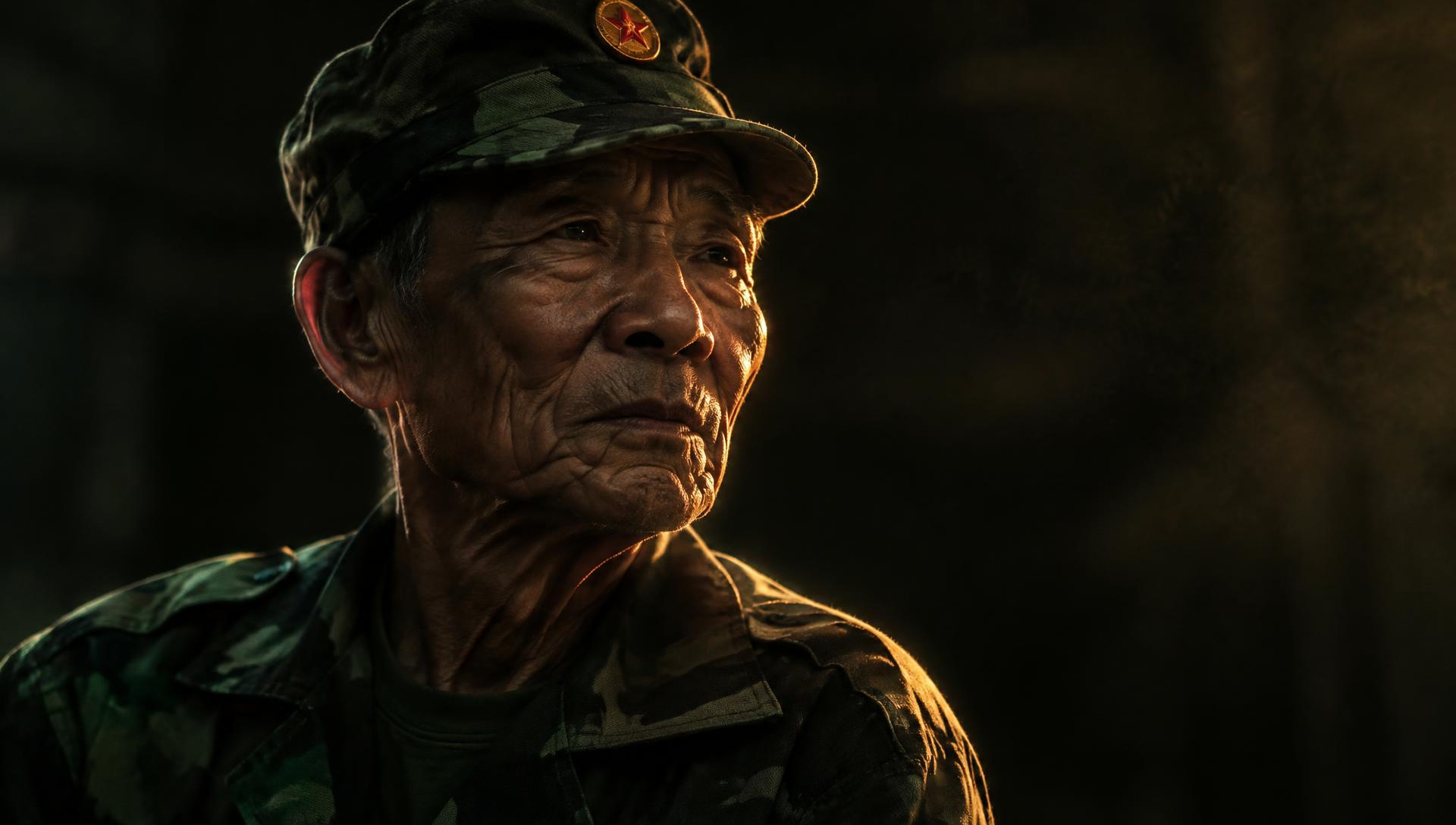 Low-light portrait of a weathered veteran in camouflage, lit by a single warm rim light