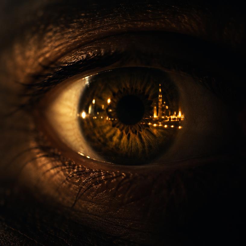 Macro photograph of a human eye reflecting amber city lights in darkness