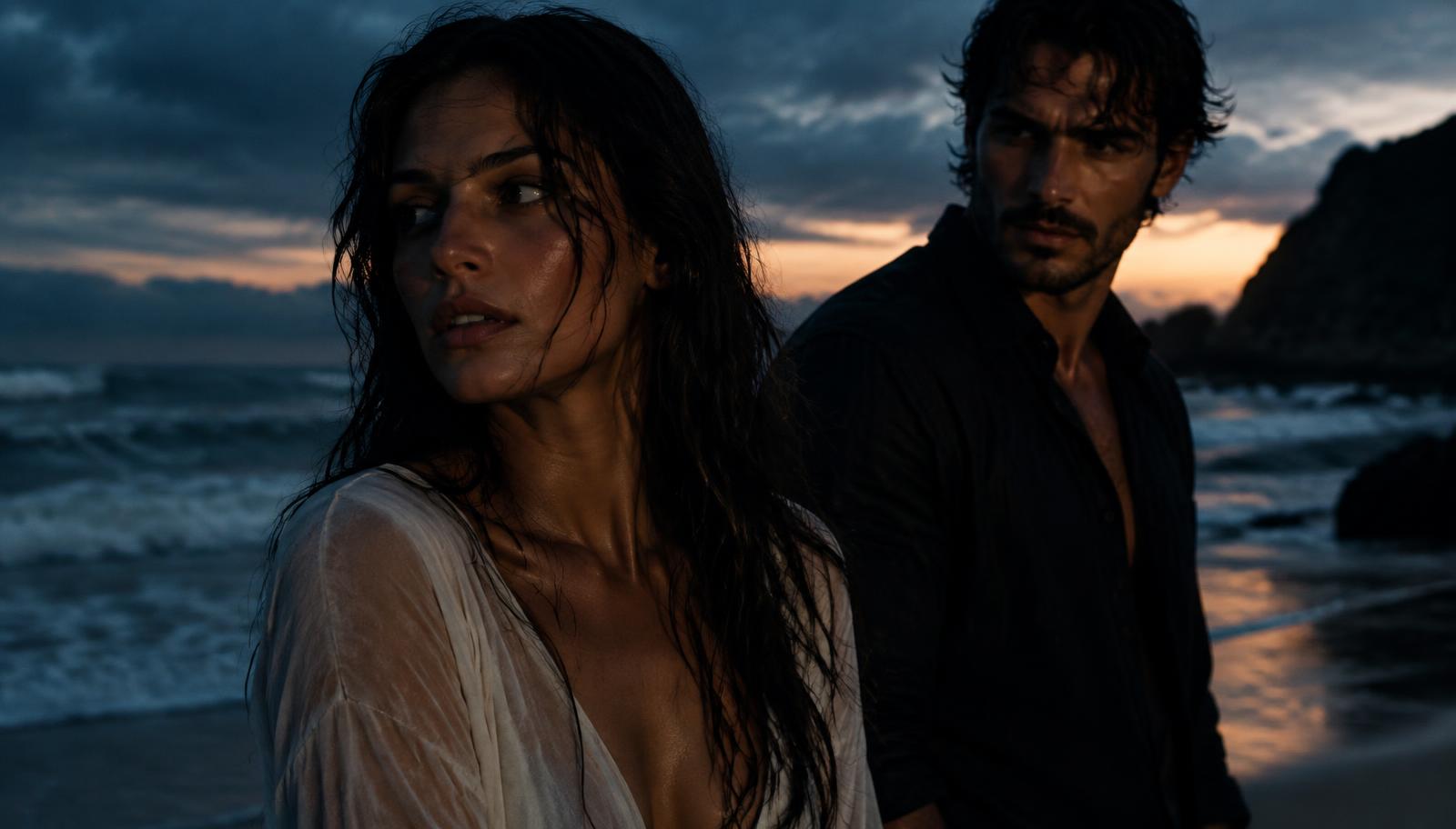 Two figures on a windswept beach at dusk, warm skin tones against cool shadow