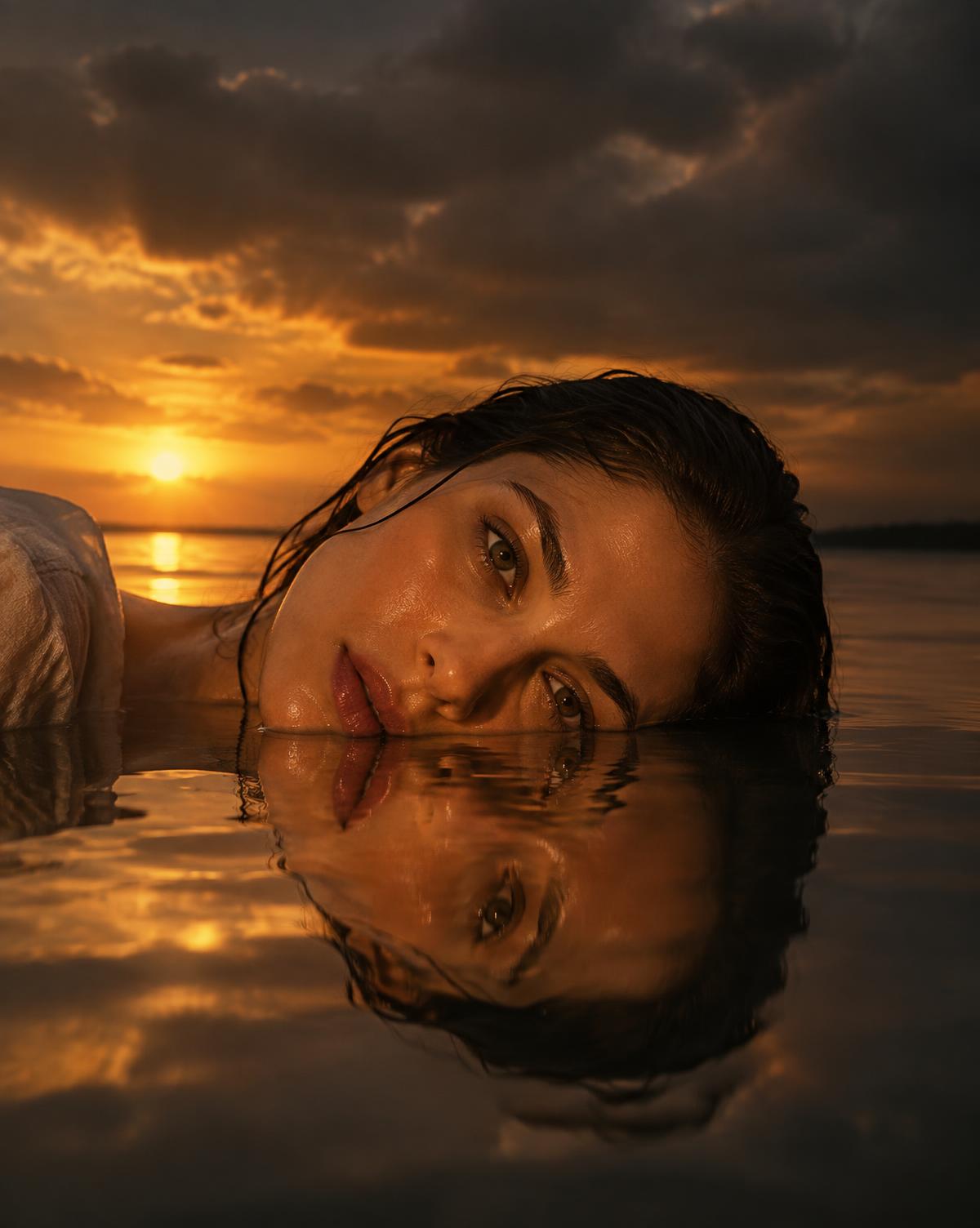A face resting at the surface of still water at golden hour, mirrored in the reflection